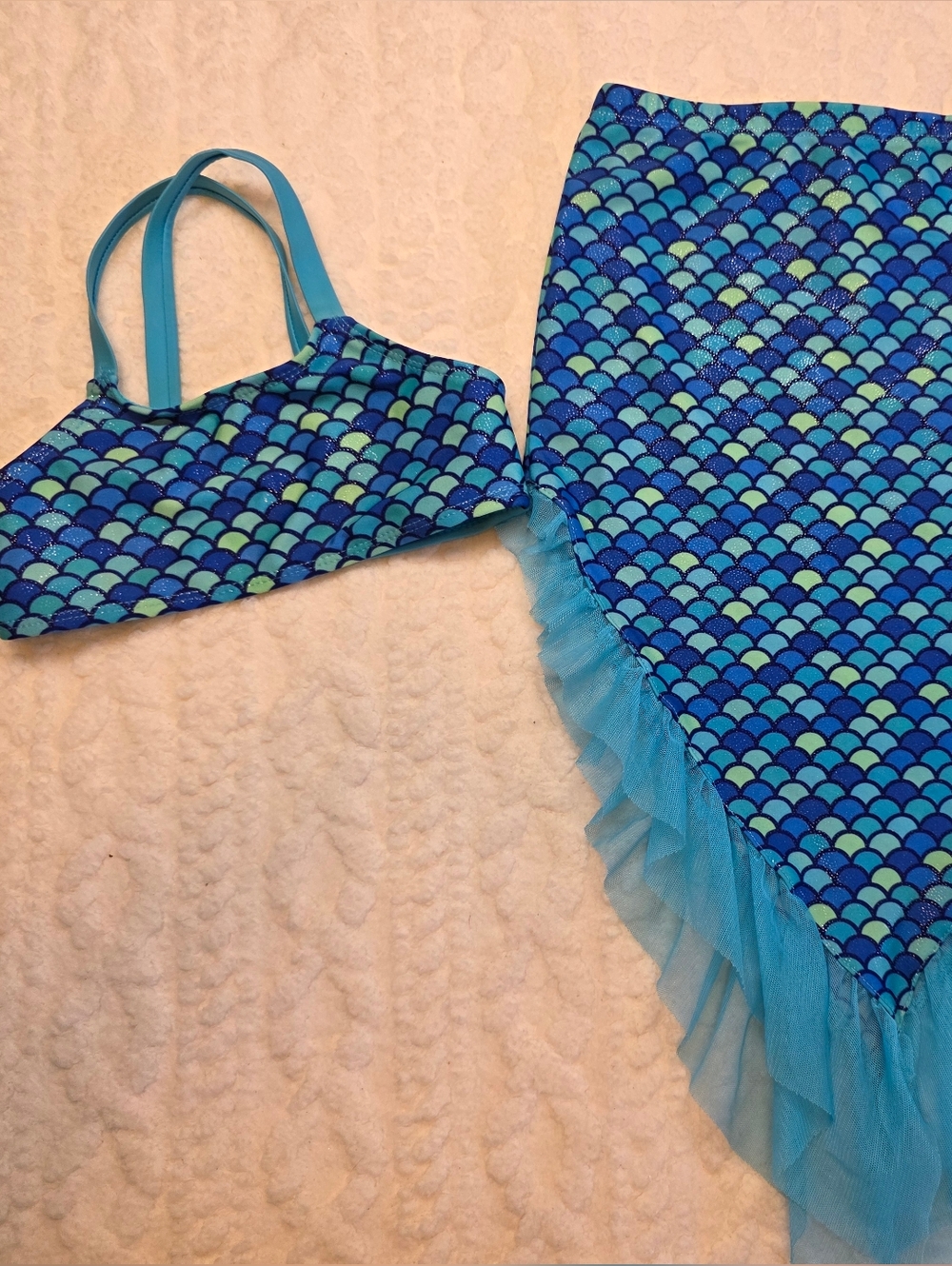 Girls Mermaid Scale Swim Set w/ Tulle Tail Skirt Coverup XS 4-5